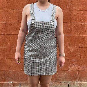 Black, White Gingham Overall Mini Dress